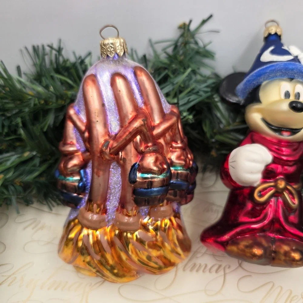 1999 Christopher Radko Disney Fantasia Sorcerer Mickey Brooms Glass Ornaments